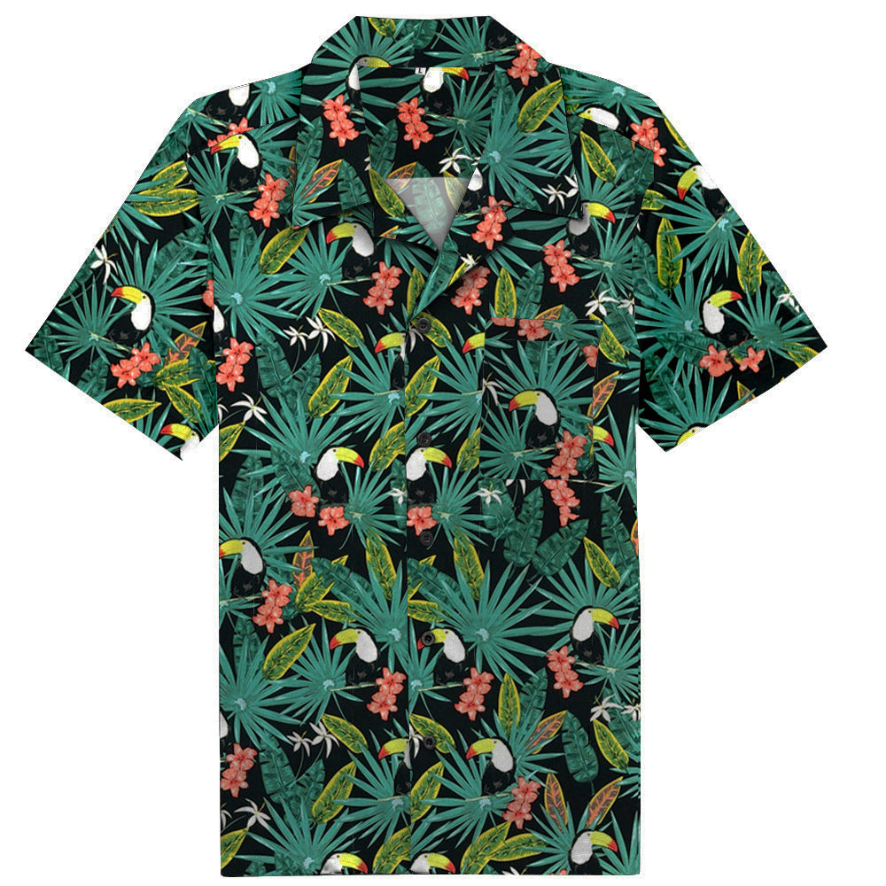 Hot selling beach short sleeved men's cotton toucan big beak bird print Hawaiian shirt in Europe and America