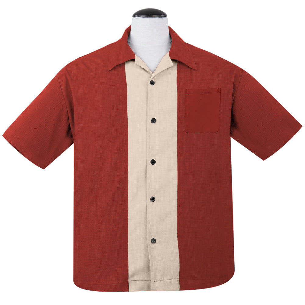 Plus size men's dark red beige patchwork short sleeved rock shirt retro bowling shirt
