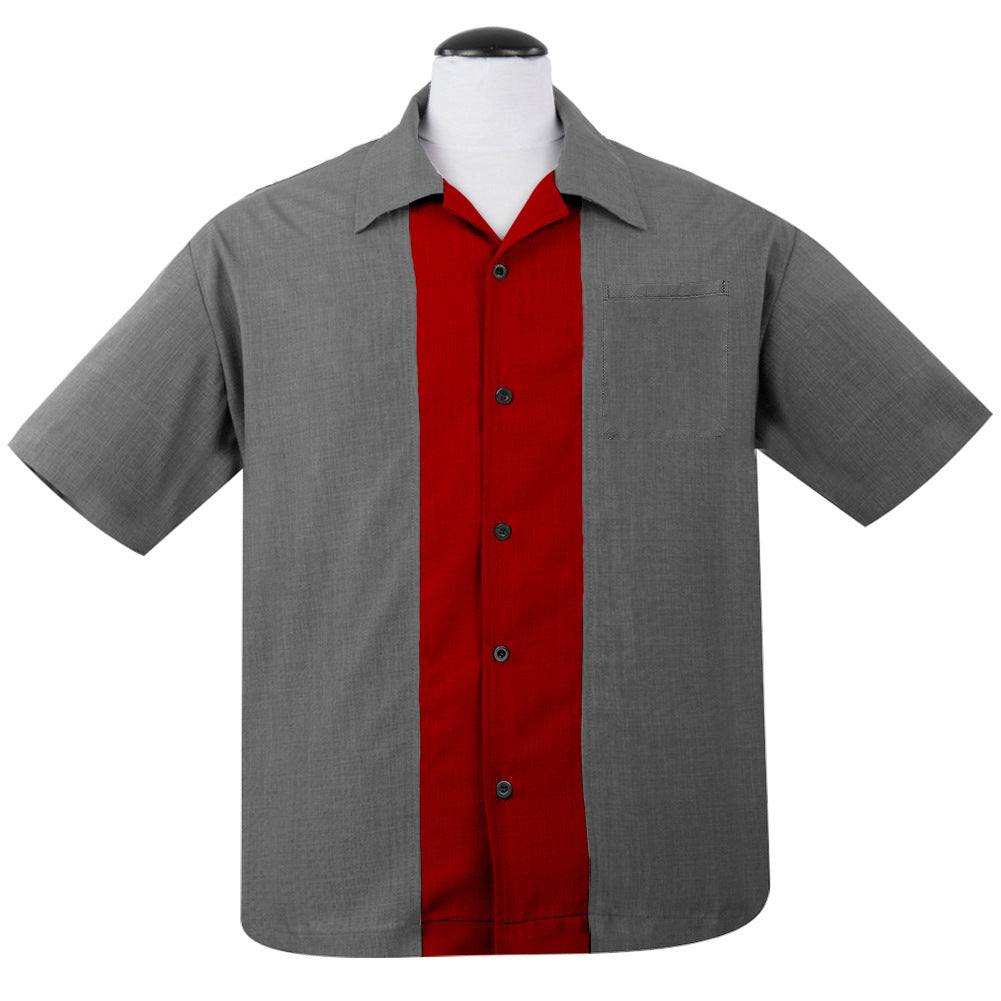 Plus size men's wine red gray patchwork short sleeved rock shirt retro bowling shirt