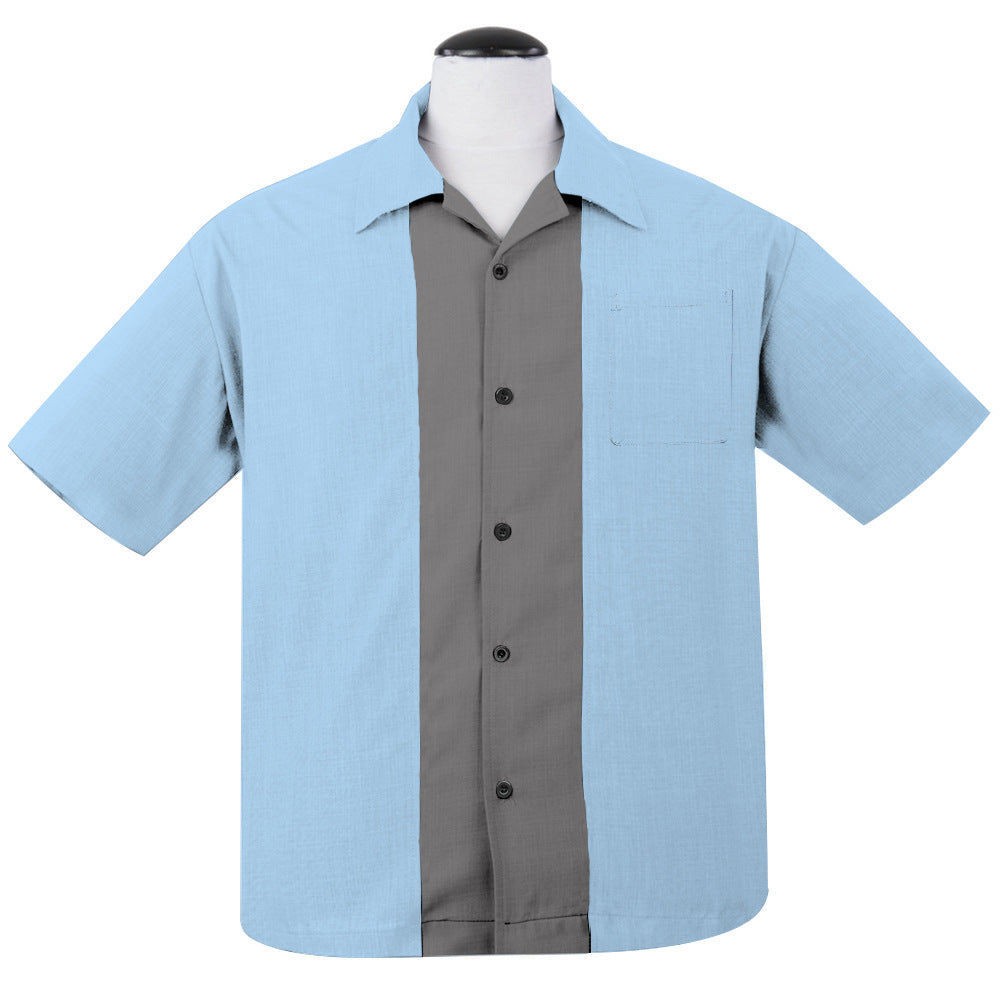 Plus size men's blue gray spliced short sleeved rock shirt retro bowling shirt