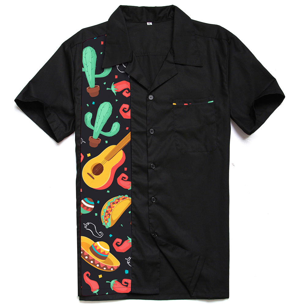 European and American casual men's short sleeved shirt cactus party patchwork lapel men's top