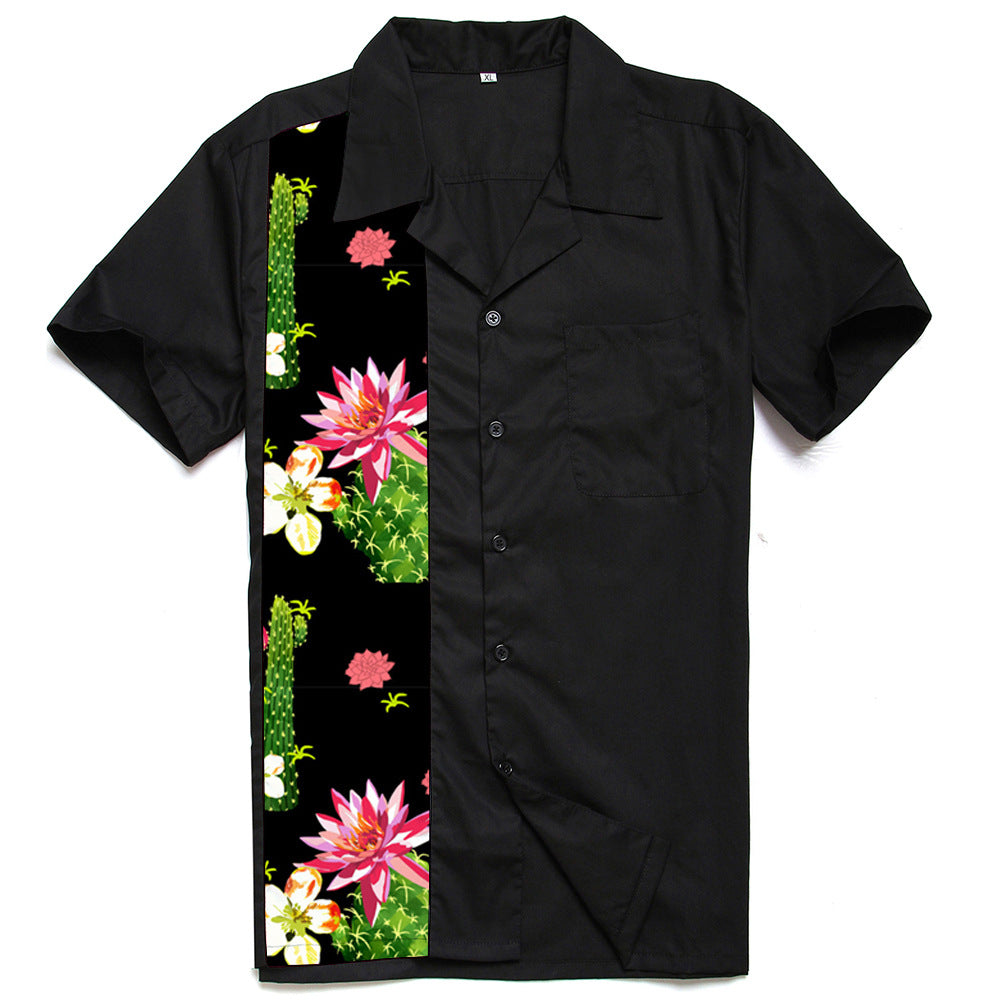 Punk casual lapel cardigan with cactus flower patchwork short sleeved top, men's shirt