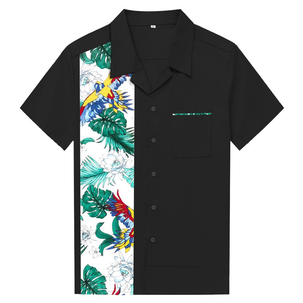Paradise Bird Splicing Casual Retro Short Sleeve Men's Top Cotton Shirt