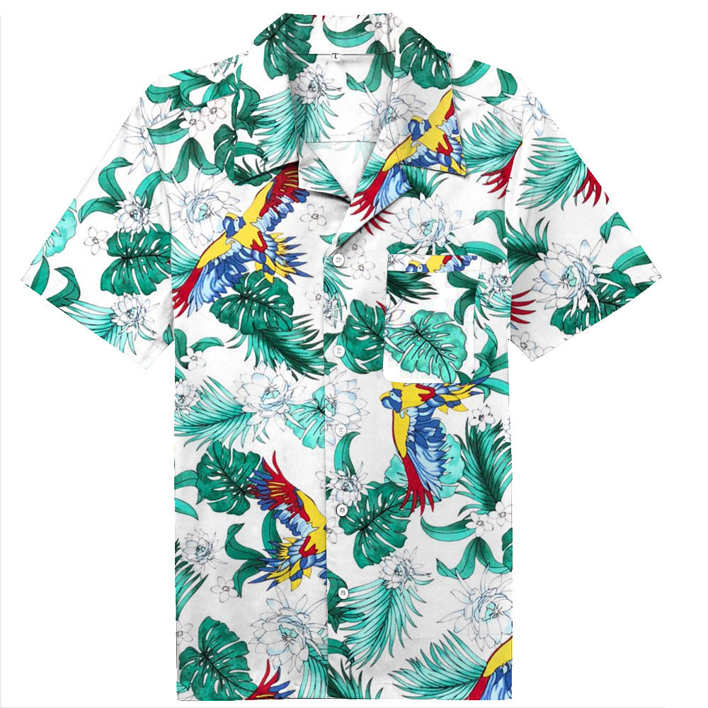 Hot selling beach thin breathable men's short sleeved cotton white background Hawaiian shirt with heavenly bird print in Europe and America