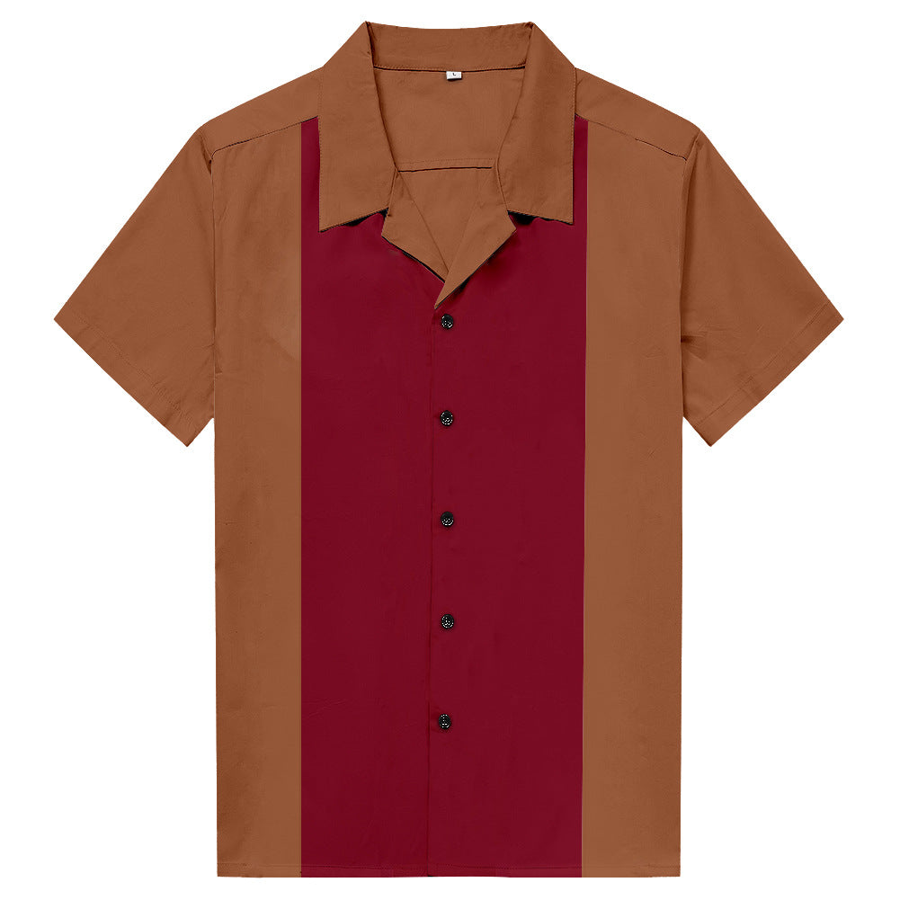 Hot selling plus size men's brown chestnut splicing versatile casual short sleeved shirt