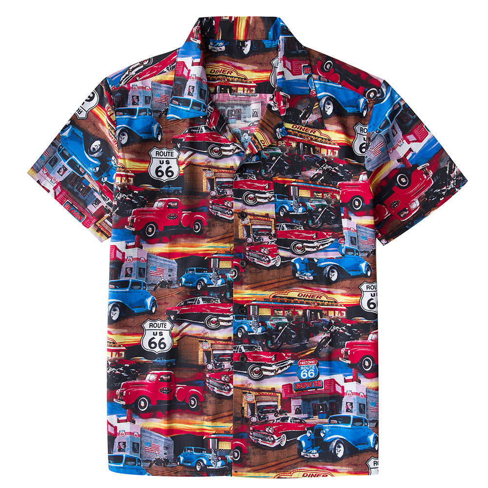 Hot selling summer beach short sleeved men's route66 vintage car all cotton printed Hawaiian shirt in Europe and America