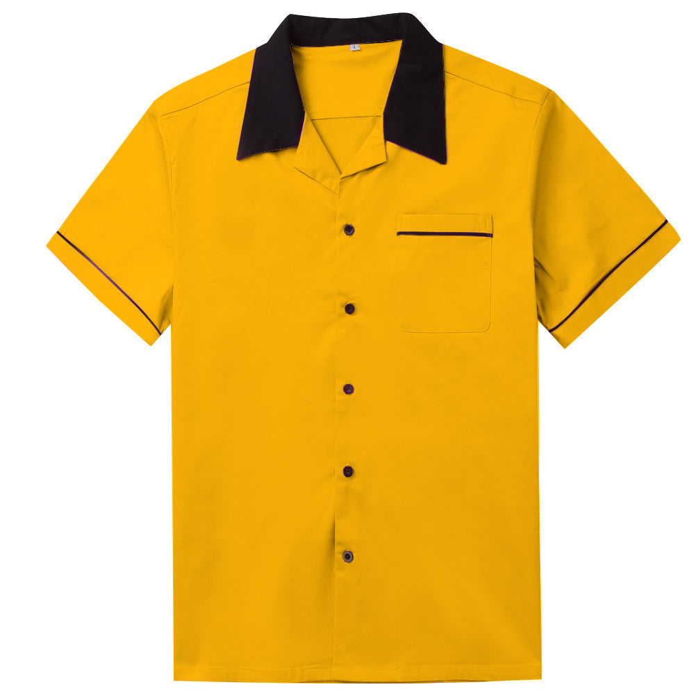 Retro bowling men's cotton yellow casual short sleeved men's shirt