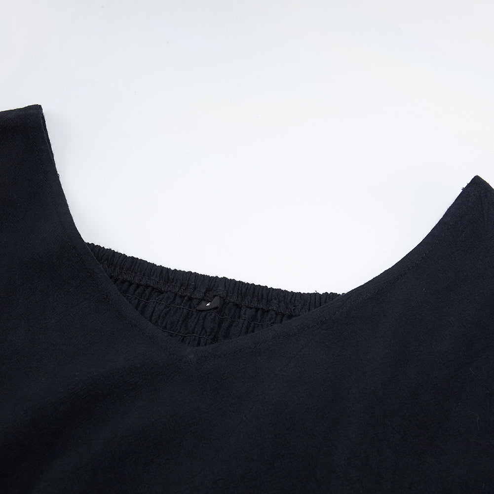 Must - Have Gothic Short - Sleeved Blousess: Square Neckline, Shirred Detail & Asymmetric Hem for Mysterious Style