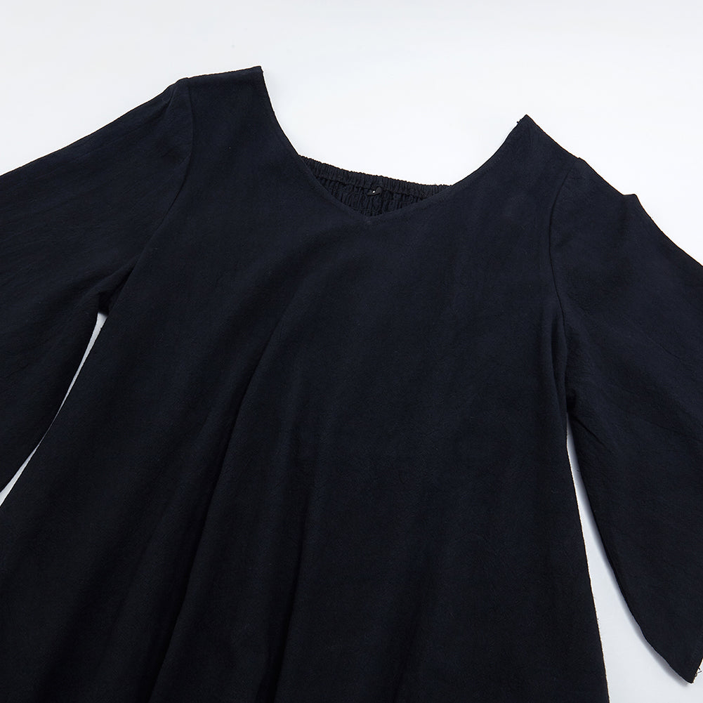 Must - Have Gothic Short - Sleeved Blousess: Square Neckline, Shirred Detail & Asymmetric Hem for Mysterious Style