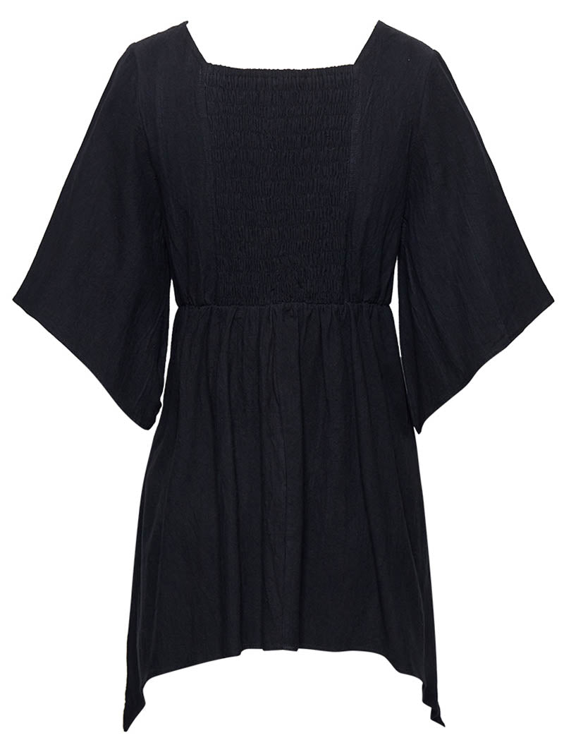 Must - Have Gothic Short - Sleeved Blousess: Square Neckline, Shirred Detail & Asymmetric Hem for Mysterious Style