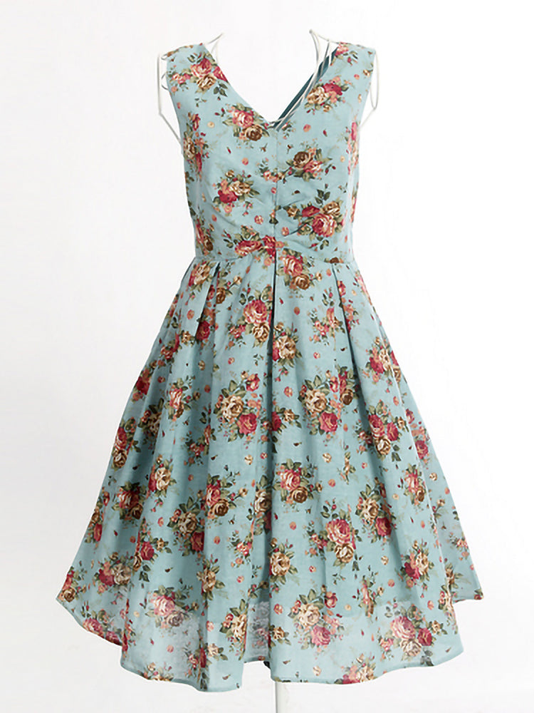Captivating Light Blue V - neck Dress! Adorned with Vintage - style Floral Designs, a Must - have for Fashion Lovers