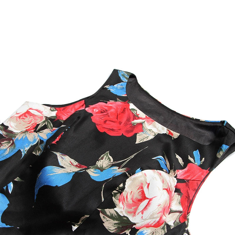 A Wardrobe Essential: Black Sleeveless Dress Blending Roses and Floral Designs
