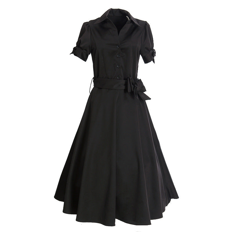 Hot Sale! Vintage - inspired Black Shirt Dress with Belted Waist and Cuffed Short Sleeves
