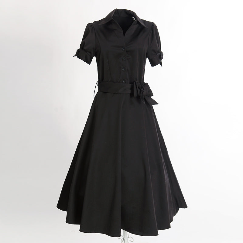 Hot Sale! Vintage - inspired Black Shirt Dress with Belted Waist and Cuffed Short Sleeves