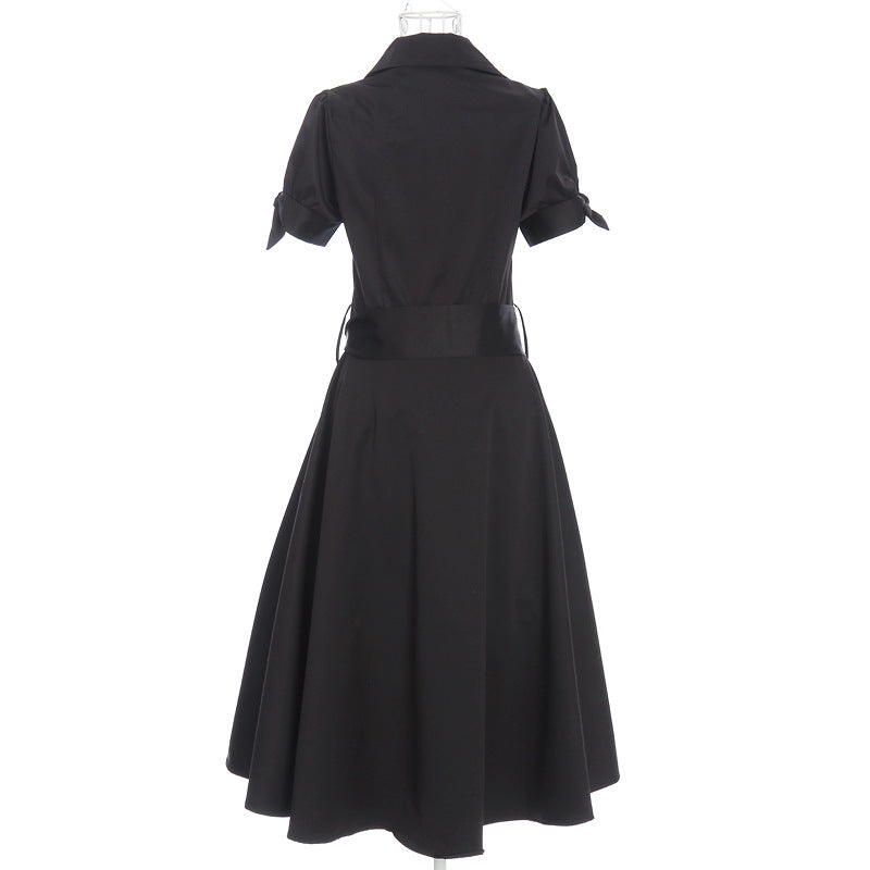 Hot Sale! Vintage - inspired Black Shirt Dress with Belted Waist and Cuffed Short Sleeves