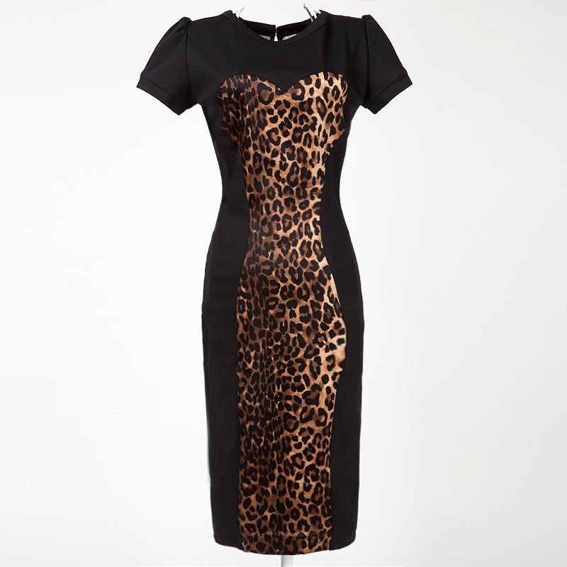 Best - Seller! Short - Sleeved Round - Neck Bodycon Dress in Stylish Black - Blue Leopard Print - Exuding European - American Flair