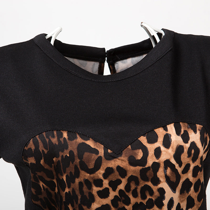 Best - Seller! Short - Sleeved Round - Neck Bodycon Dress in Stylish Black - Blue Leopard Print - Exuding European - American Flair