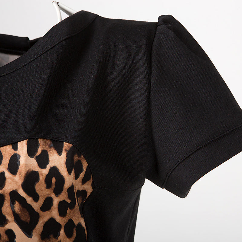 Best - Seller! Short - Sleeved Round - Neck Bodycon Dress in Stylish Black - Blue Leopard Print - Exuding European - American Flair