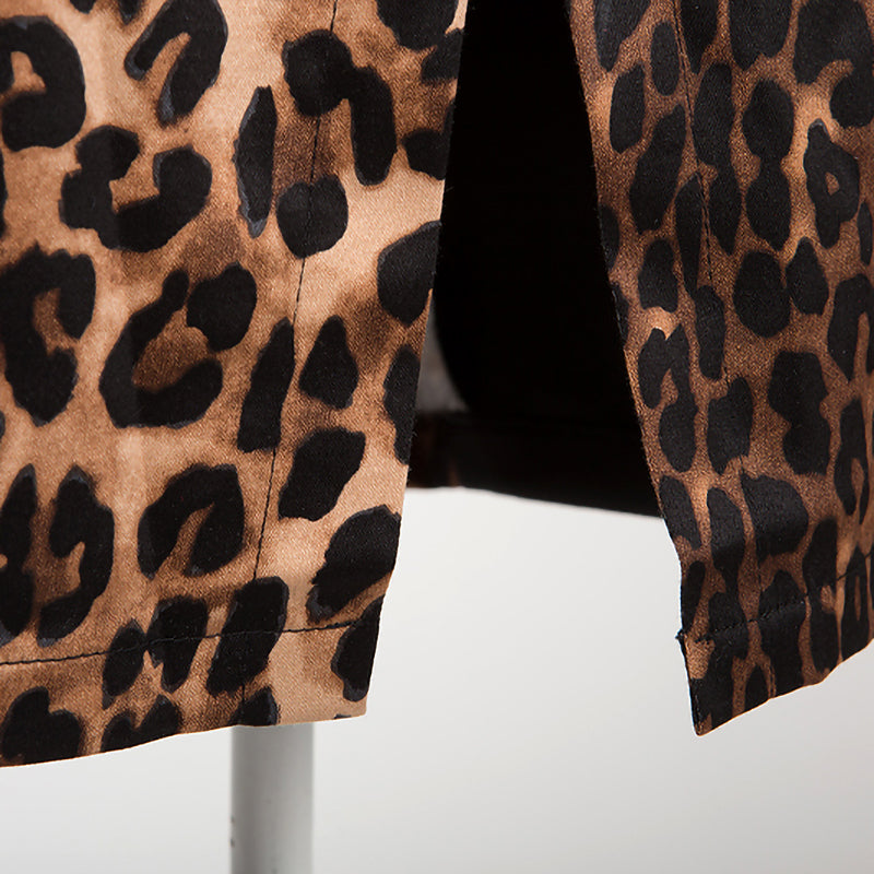 Best - Seller! Short - Sleeved Round - Neck Bodycon Dress in Stylish Black - Blue Leopard Print - Exuding European - American Flair