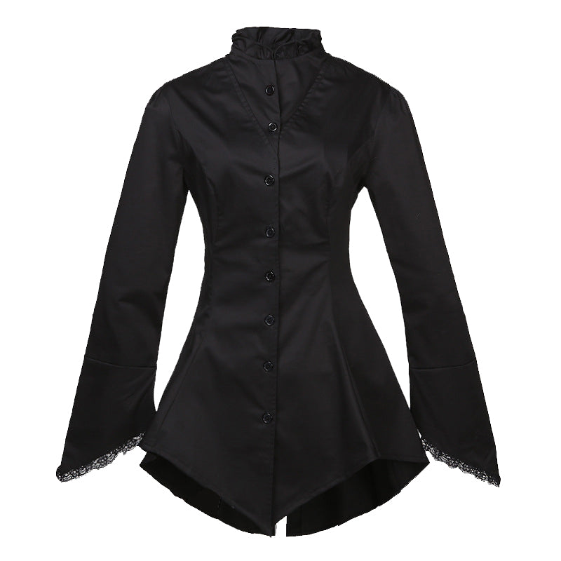 Women's Gothic Ruffle-Neck Button-Up Top: Embrace Dark Victorian-Inspired Elegance