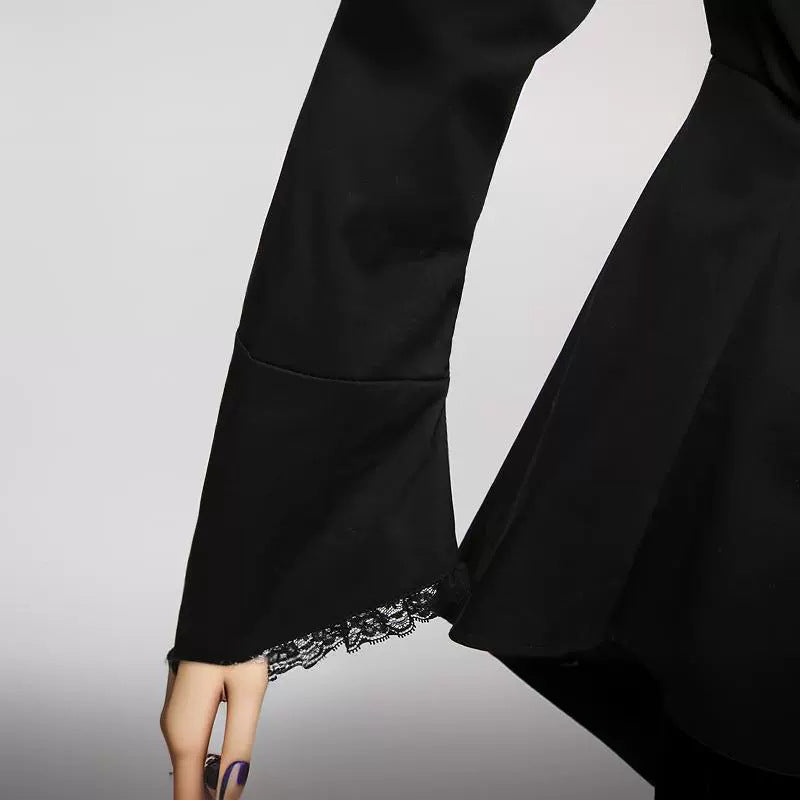 Gothic - inspired Black Blouse Unique High - low Hem Black Shirt with Delicate Lace Cuffs