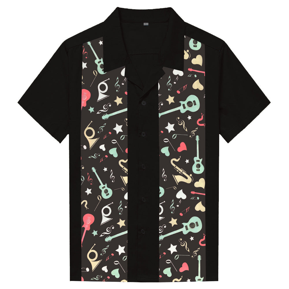 Summer music symbol printed patchwork men's cotton single breasted retro short sleeved shirt