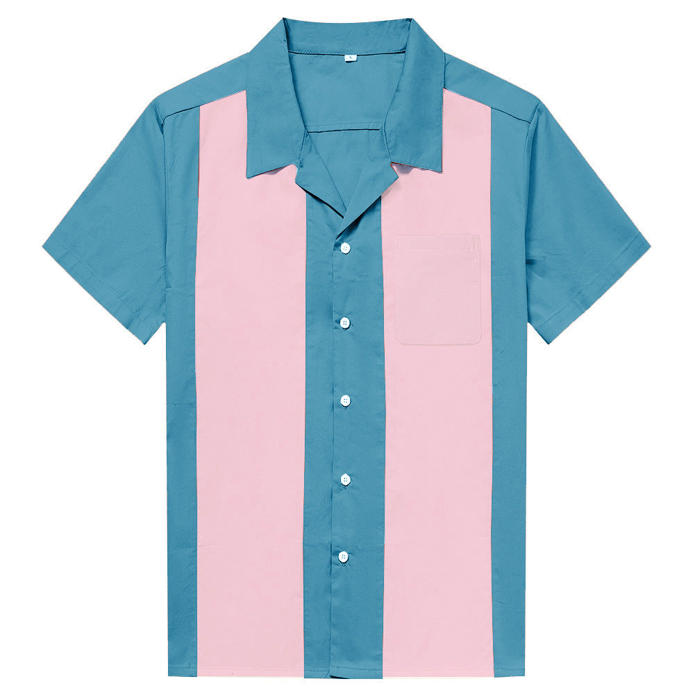 Hot selling plus size men's shirt with blue and pink patchwork group outfit, European and American retro punk workwear factory uniform