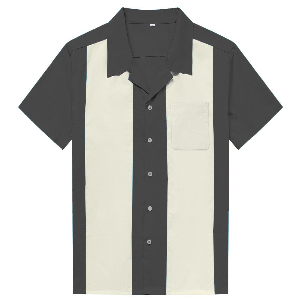 Hot-selling plus-size men's shirt featuring a gray and white color-block design, perfect for team uniforms, inspired by European and American retro punk workwear styles.
