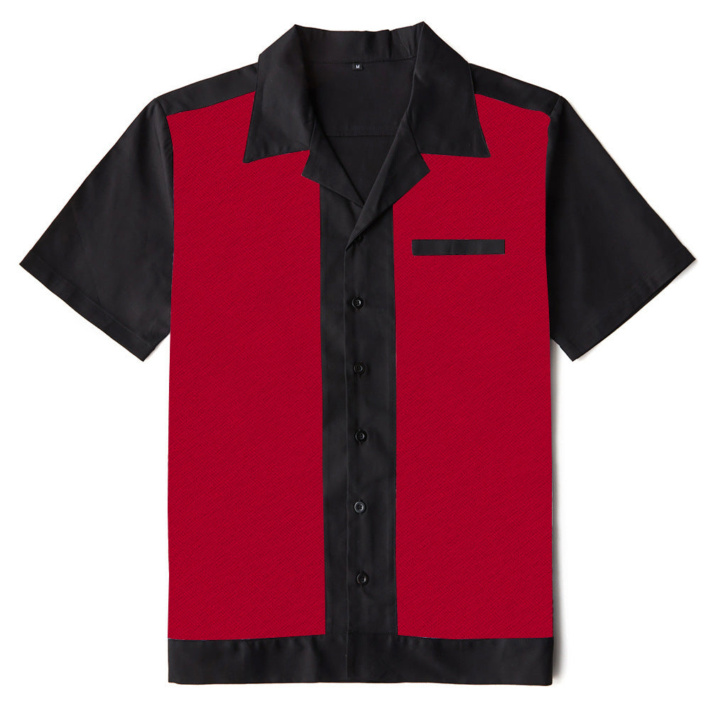 Men's European American Rock Country Punk Red Splicing Summer Short sleeved Men's Shirt