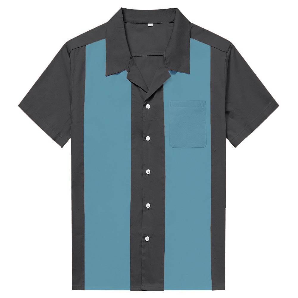 Hot-selling plus-size men's shirt featuring a gray and blue patchwork design, perfect for team uniforms. This European and American retro punk workwear style factory uniform is a must-have.