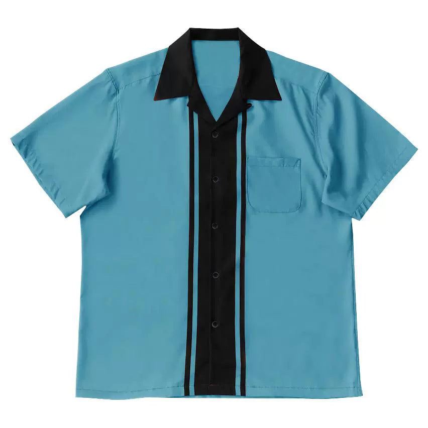 European and American men's new retro blue and black spliced cotton summer casual short sleeved shirt