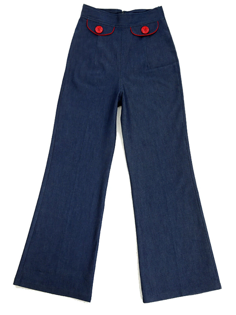 Best - selling! Stylish Plus - Size Wide - leg Navy Trousers with Chic Red Buttons