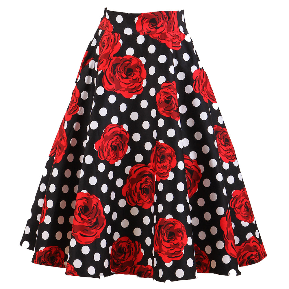 Retro - inspired Black Skirt with Polka Dots and Red Roses, a Must - have for Fashionistas