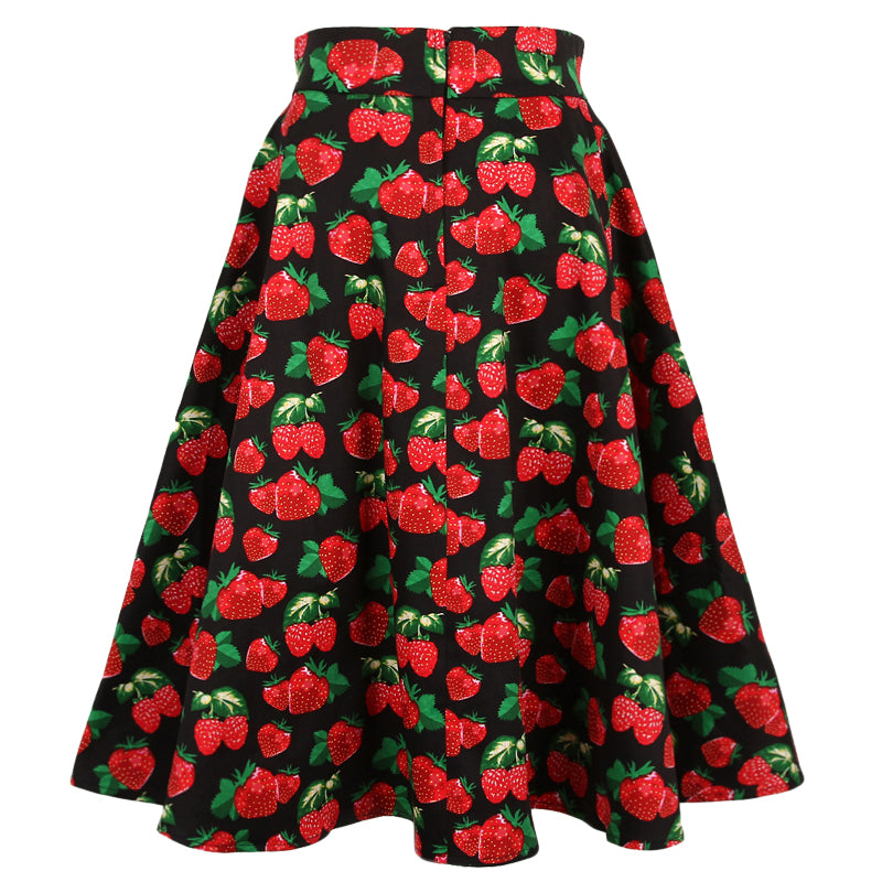 Retro Rockabilly Red Strawberry Print Plus size Large flared Half skirt