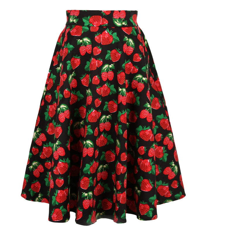 Retro Rockabilly Red Strawberry Print Plus size Large flared Half skirt