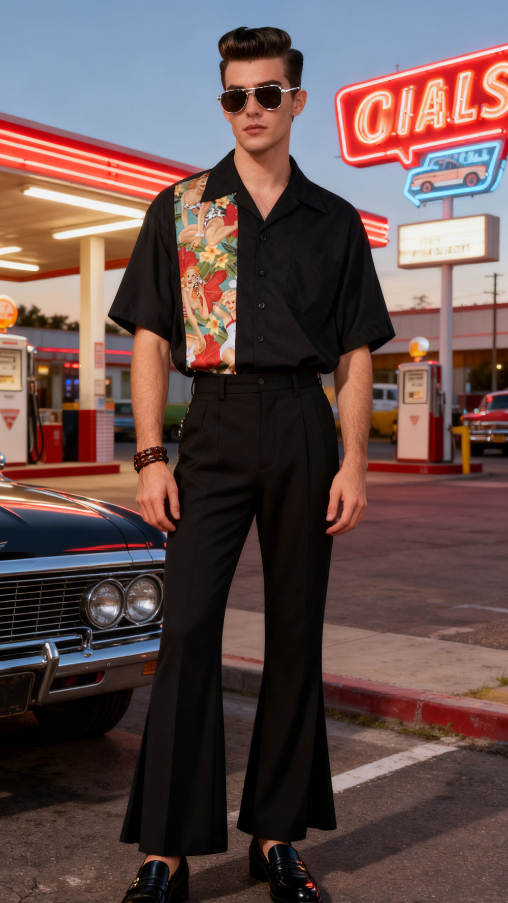 Retro Rockabilly Pinup Beach Girl Patchwork Shirt - Men's Original Design Cotton Casual Summer Shirt