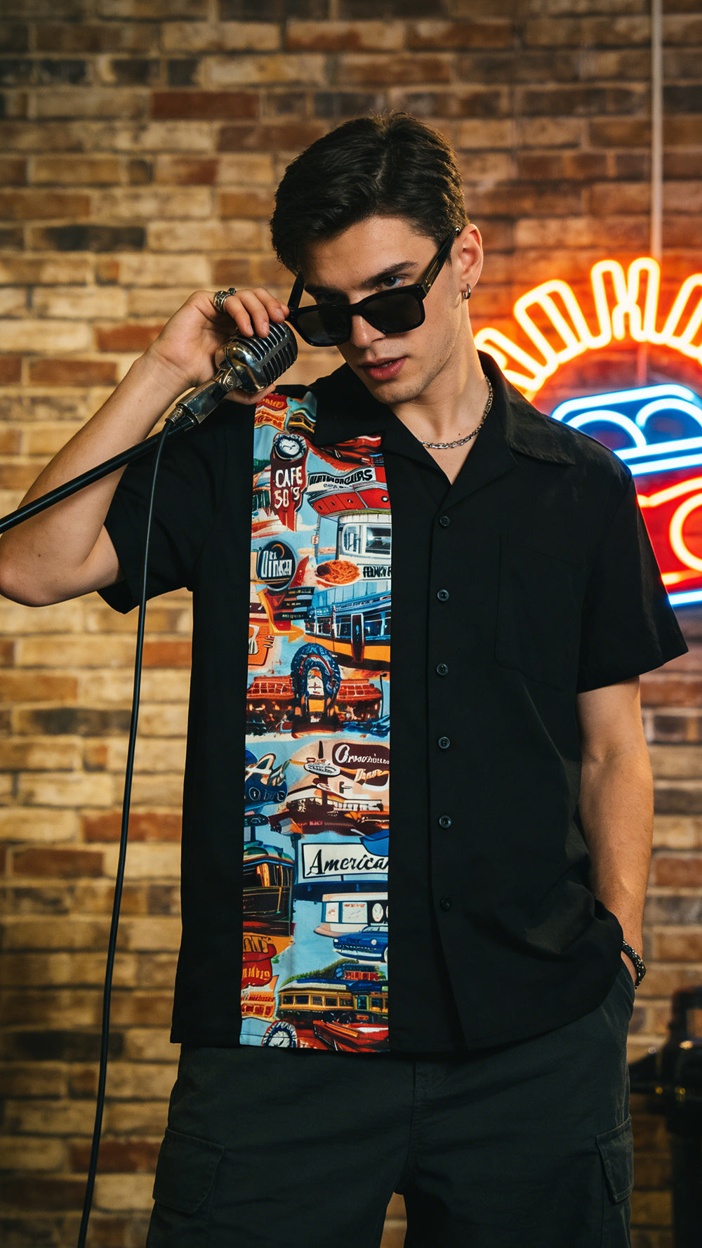 Men's Rockabilly Pinup Shirt - Retro Car Print Color Block Loose Short Sleeve Casual Vintage American Top