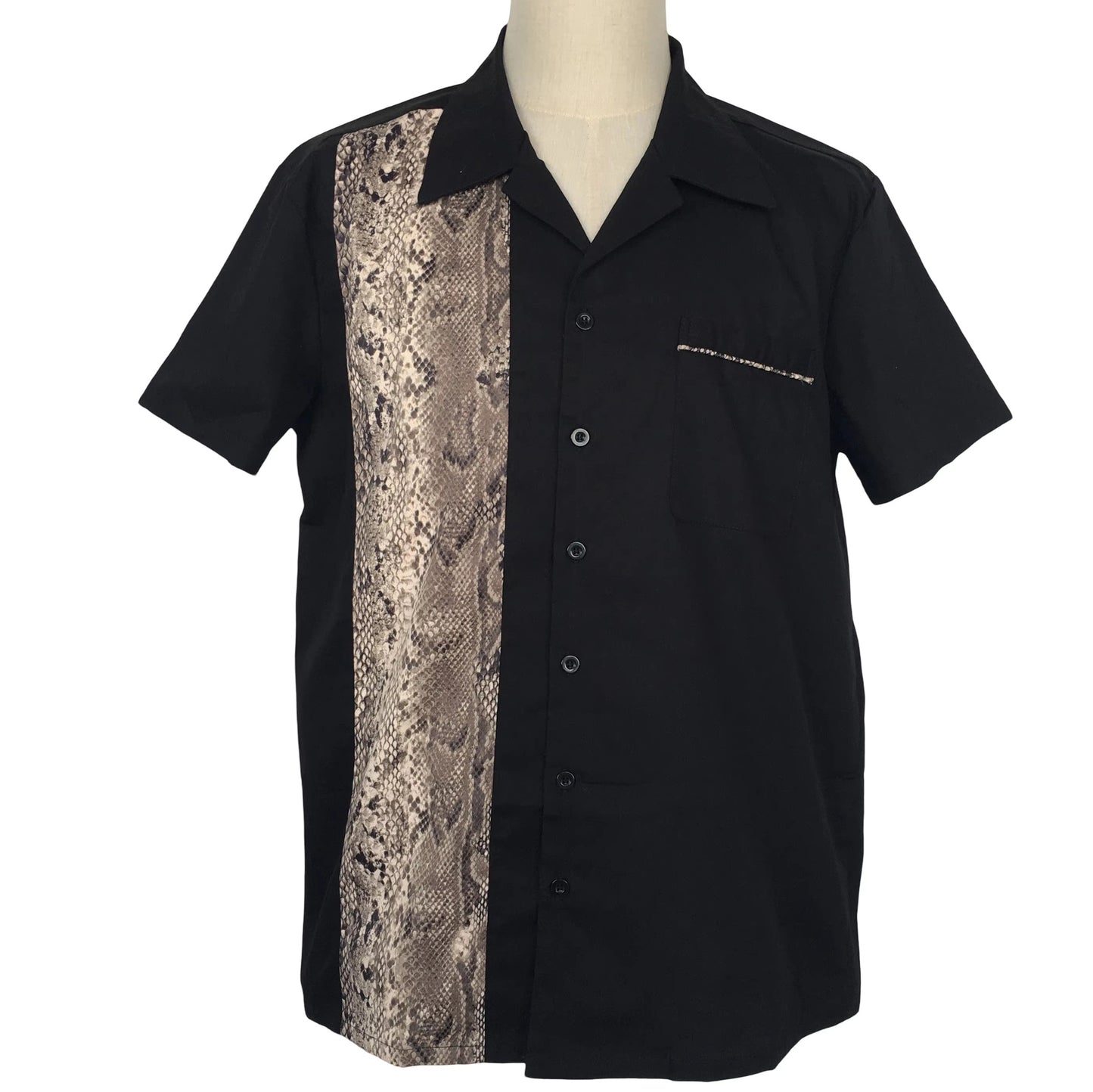 Black Cuban Collar Shirt with Snake Print Casual Retro Short Sleeve Men's Cotton Shirts