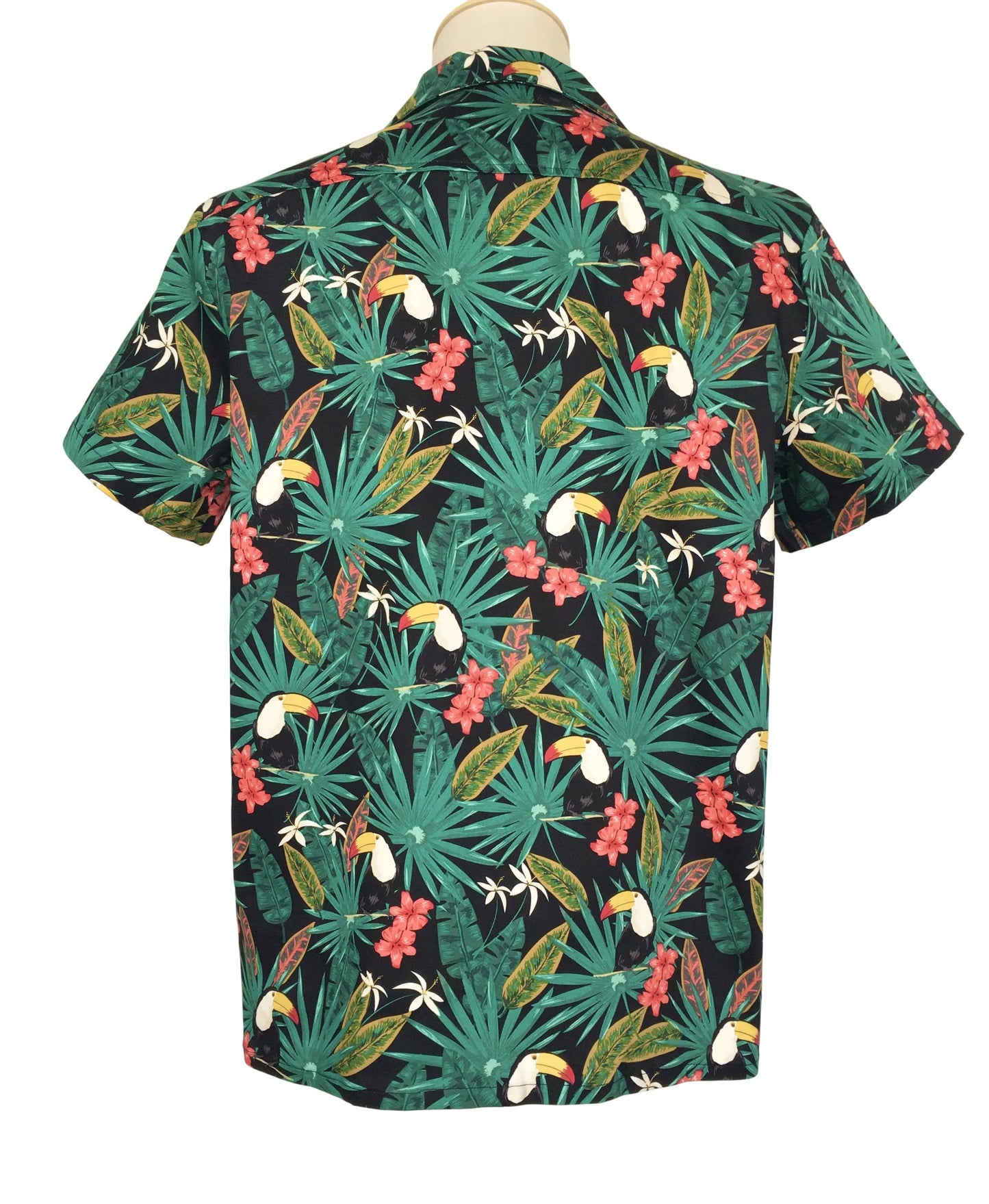 Men's Tropical Toucan & Jungle Leaf Print Cotton Short Sleeve Button-Down Shirt - Casual Vacation Beach Shirt