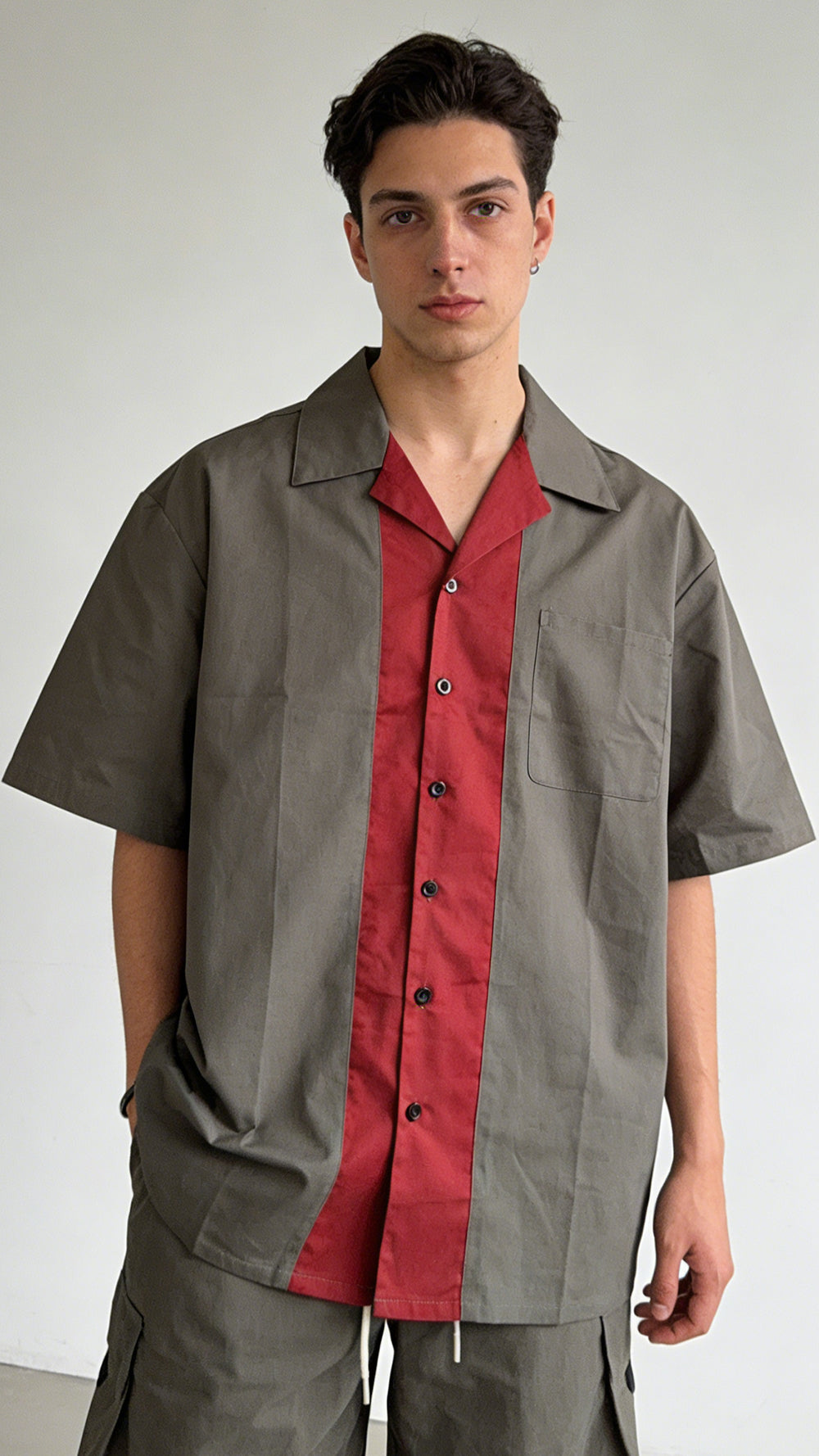 Grey & Red Contrast Summer Shirt for Men | Comfortable Daily Wear Street Style Blouse
