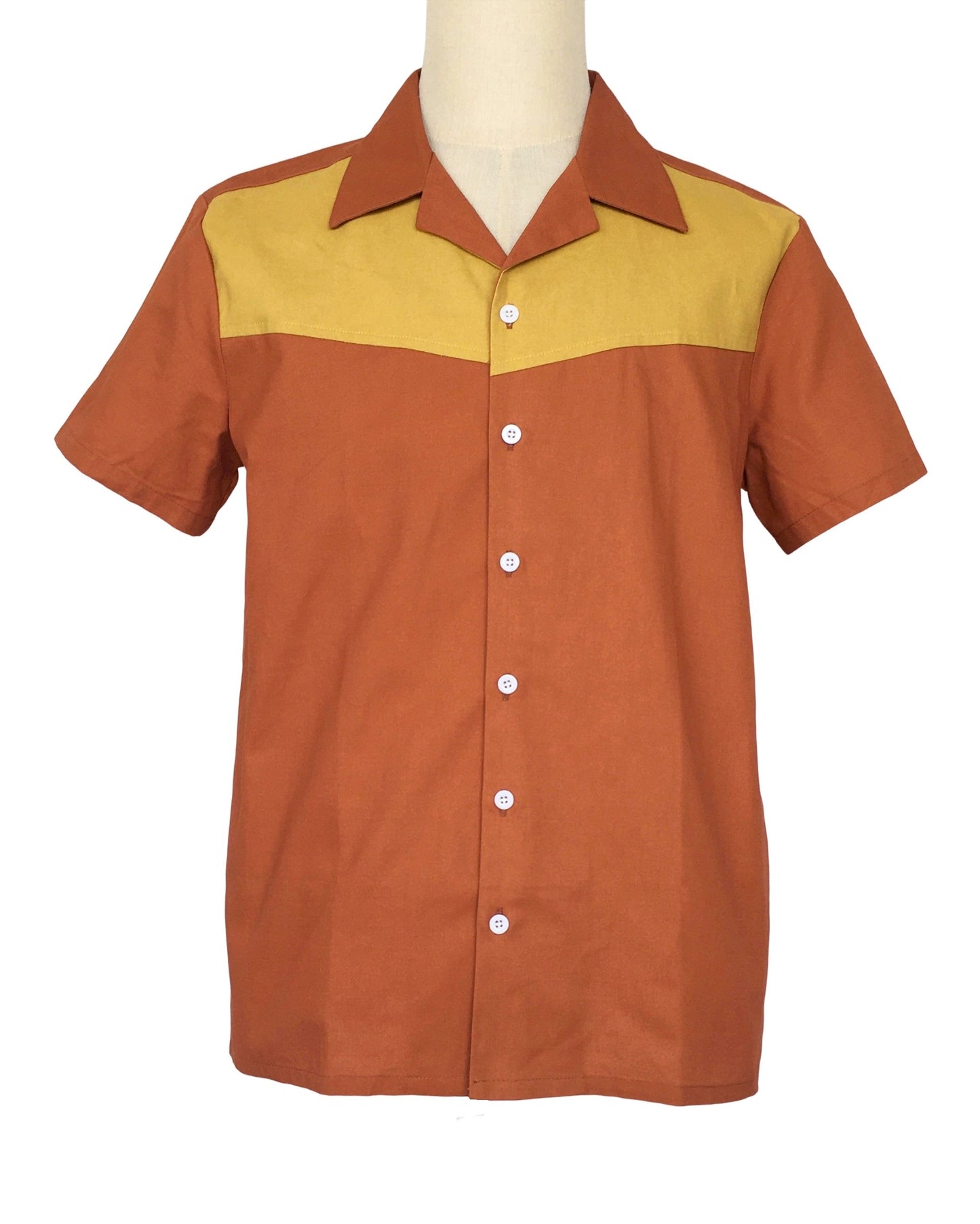Men's Cuban Collar Short Sleeve Shirt Brown Yellow Color Block Cotton Oversized Retro Casual Top