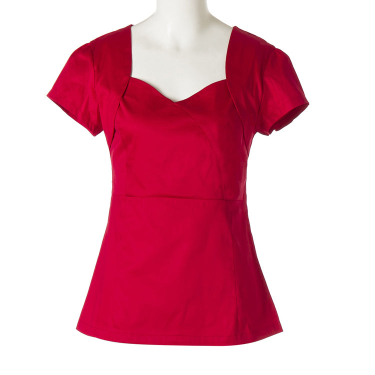 1950s American Country Meets French Retro - Sexy & Slimming Short - Sleeve Top with Unique Square & Heart - Shaped Neckline