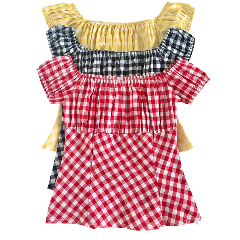 Retro Red Gingham Off-Shoulder Blouse - 1950s Pin Up Style Ruffled Puff Sleeve Crop Top for Women