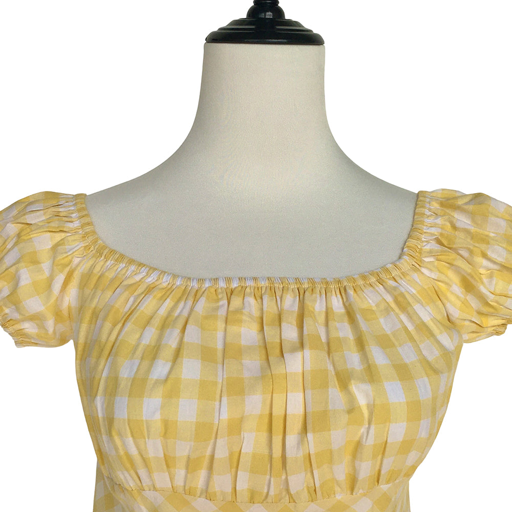 Vintage Yellow Gingham Off-Shoulder Blouse - Retro Pin Up Style Ruffled Puff Sleeve Crop Top for Women