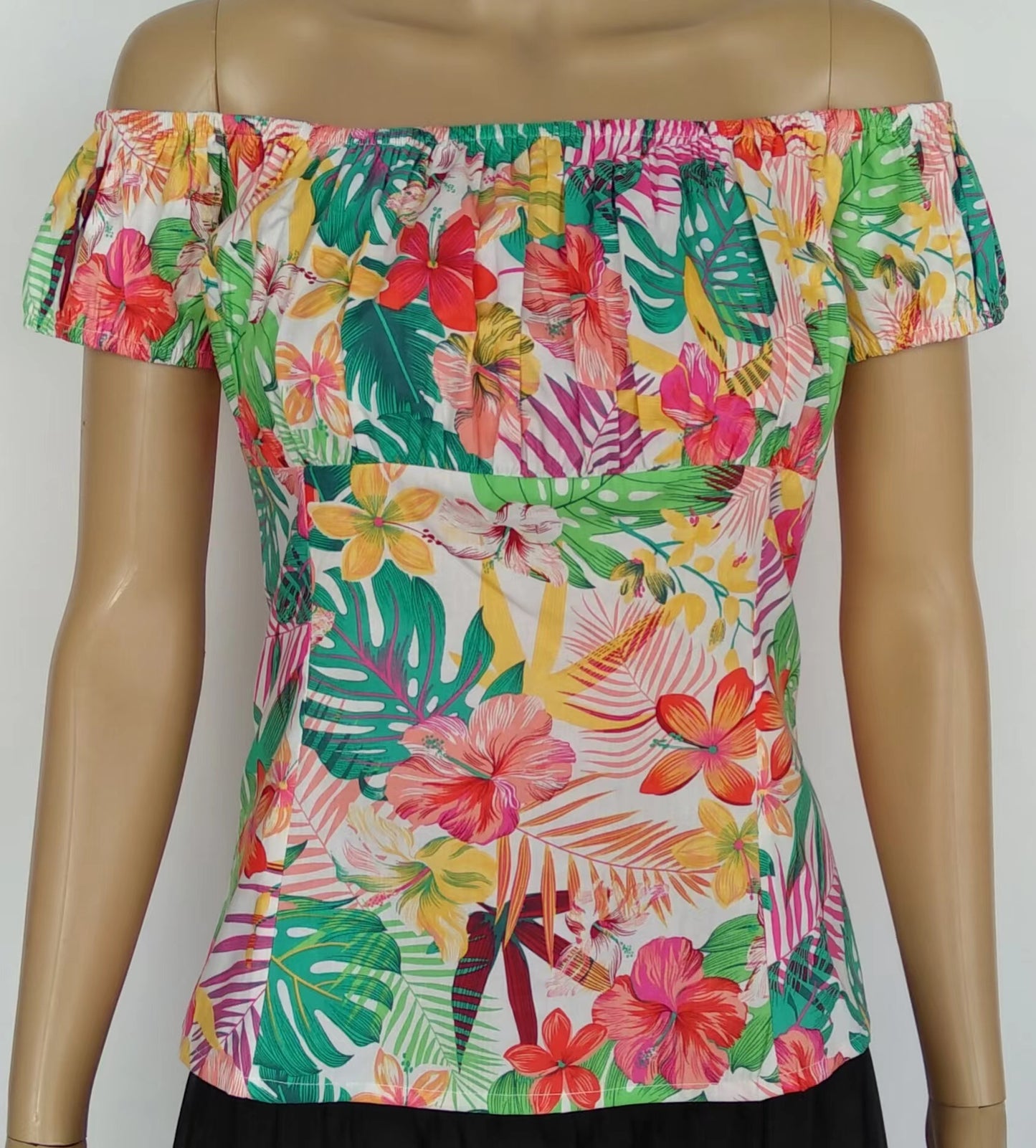 Summer - Inspired Off - Shoulder Short - Sleeved Blouse with Vivid Tropical Floral Prints
