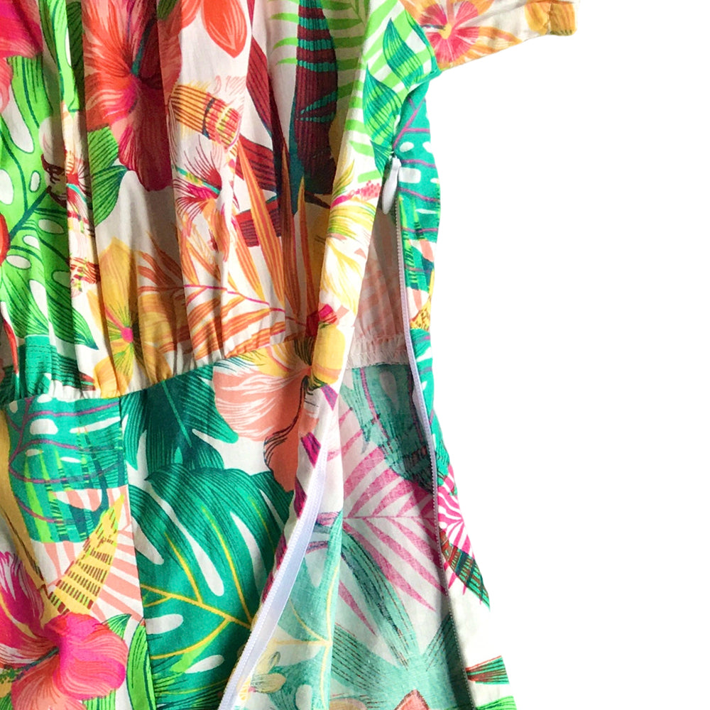 Women's Retro Rockabilly Pinup Off-Shoulder Tropical Floral Blouse - Vibrant Hibiscus Leaf Print Fitted Short-Sleeve Top (Wholesale & Customizable)