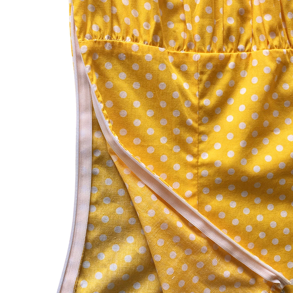 Yellow Polka Dot Off-Shoulder Blouse: Ruched Puff Sleeve Cinched Waist Top (In-Stock)