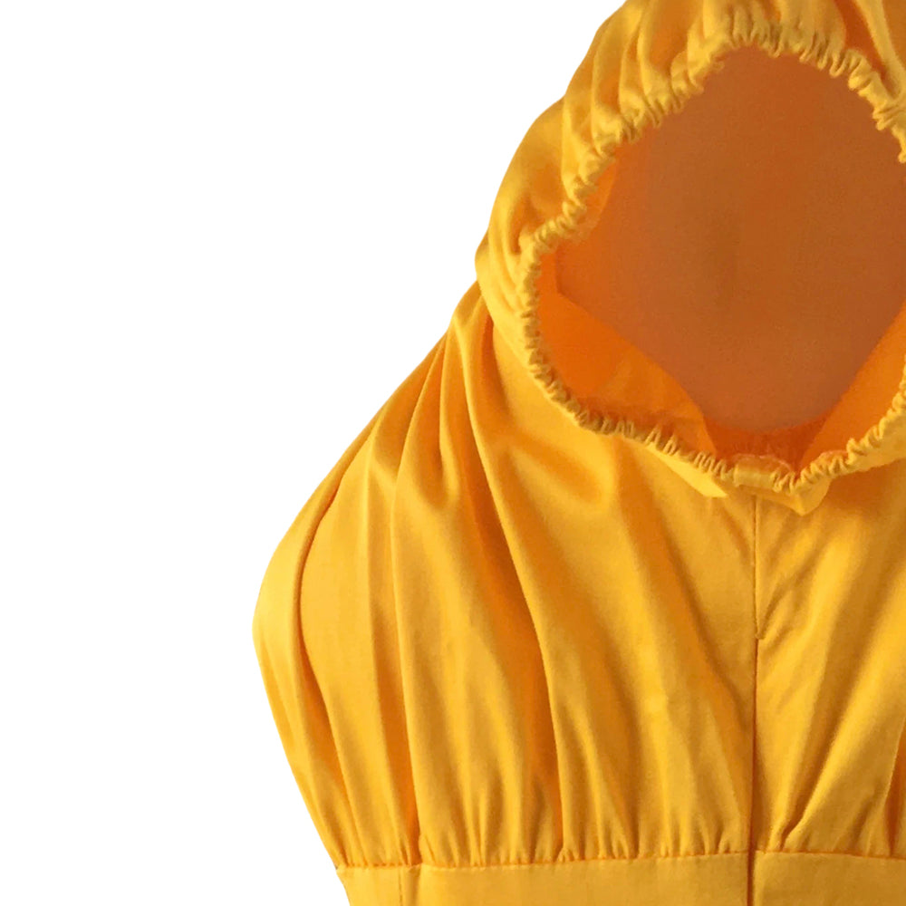 Women's Vintage Yellow Off-Shoulder Blouse Ruched Puff Sleeve Fitted Waist Top