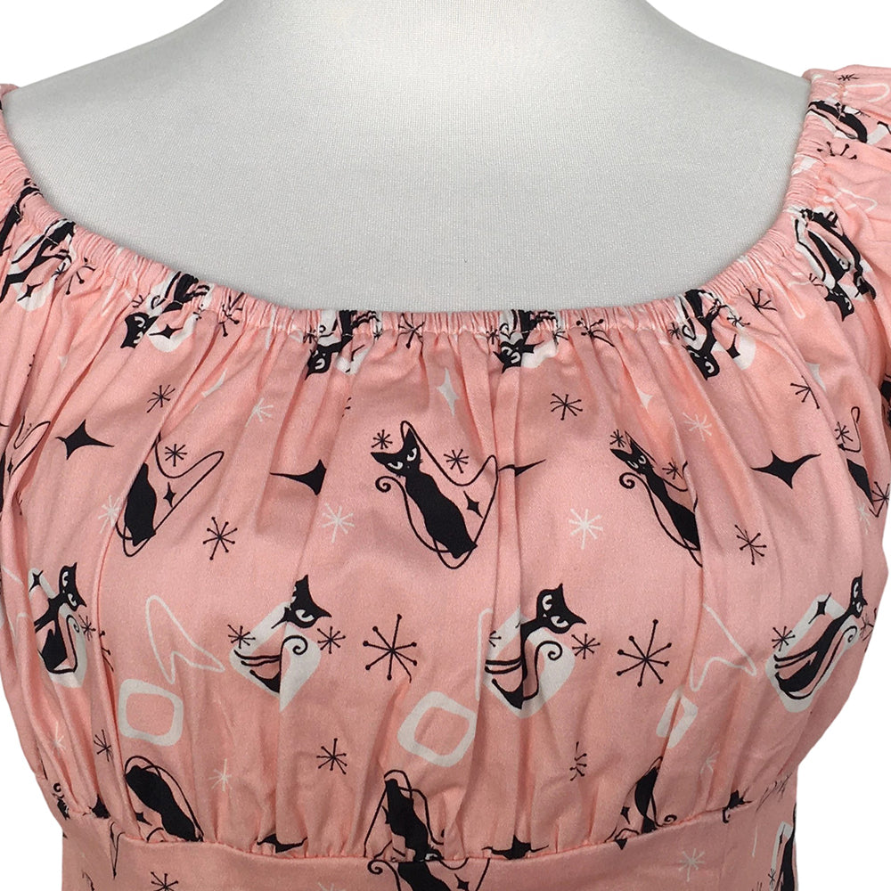 Wholesale Women's Retro Cat Print Off-Shoulder Top | Rockabilly Pinup Style Blouse - Customizable