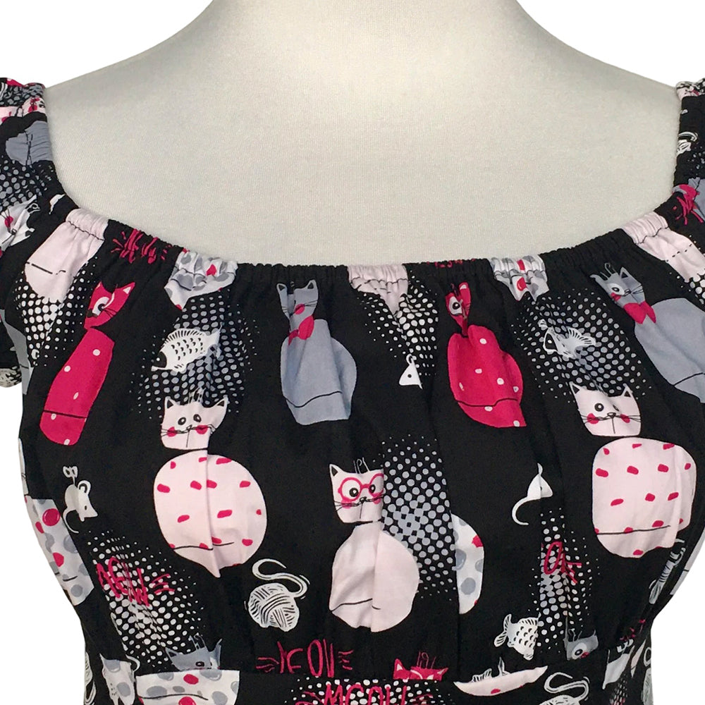 Women's Retro Off-Shoulder Cat Print Blouse - Black Cute Kitten Pattern Fitted Short-Sleeve Top (Wholesale & Customizable